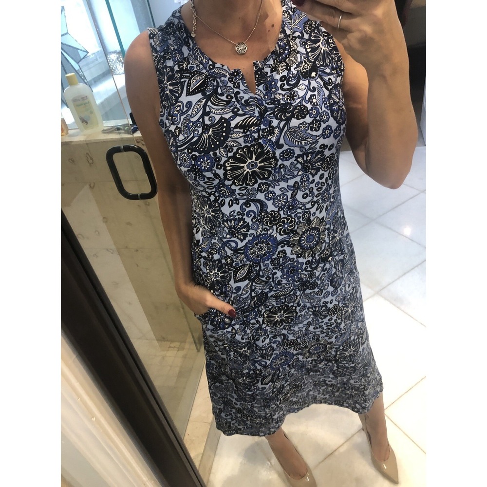 Talbots Floral Sleeveless Midi Maxi Dress M Blue Batik Pockets Stretch Rayon